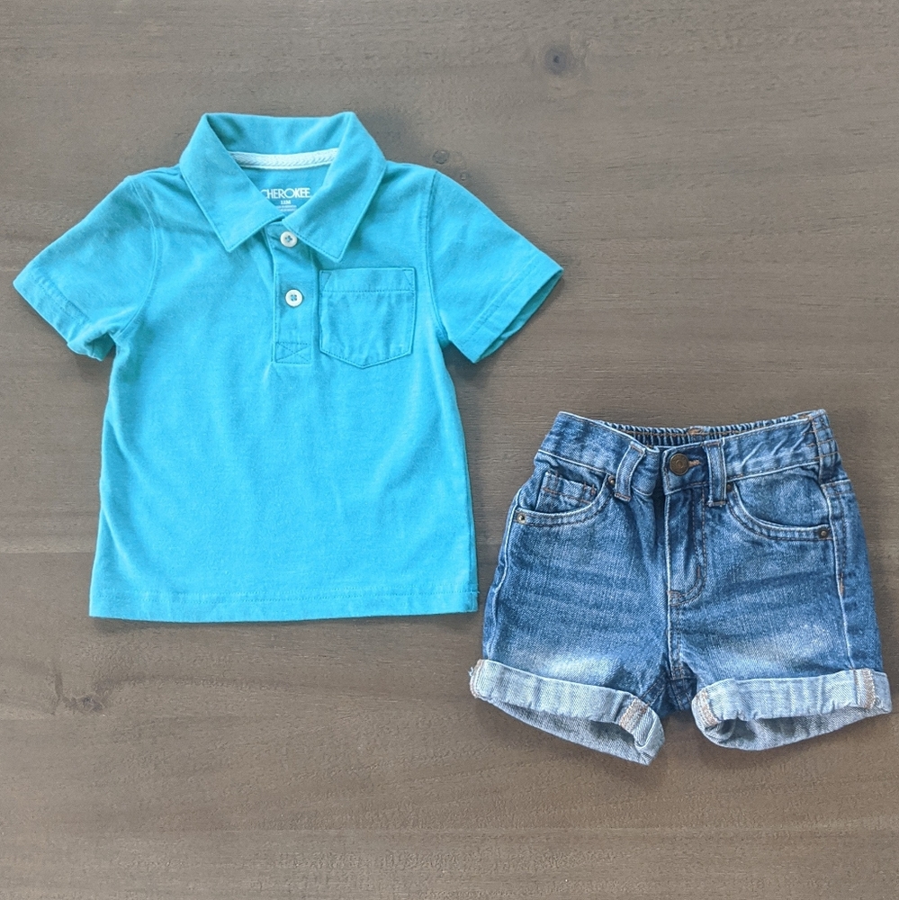 ⭐ CHEROKEE Blue Collared Shirt & Jean Short Set